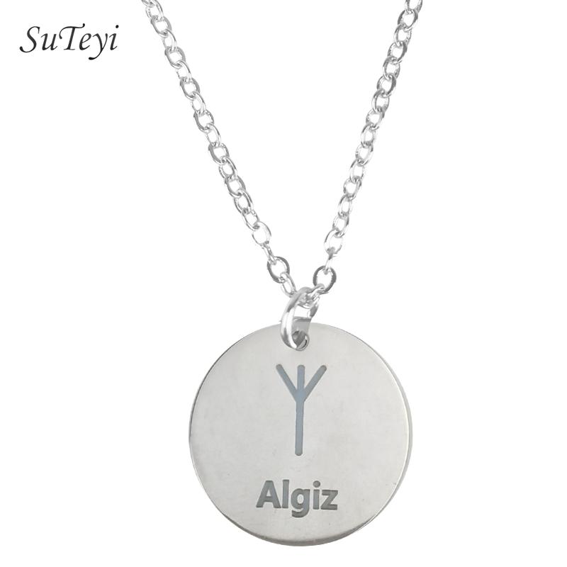 Round 25 Rune Letter Pendant Necklace Silver Color Stainless Steel Disc Viking Necklaces For Women Men