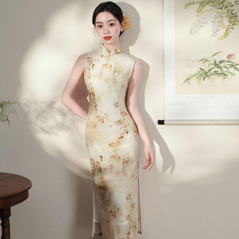 Long Sleeveless Chinese-Inspired Linen Qipao Dress Women 2026 Stylish Retro Daily Wear Small