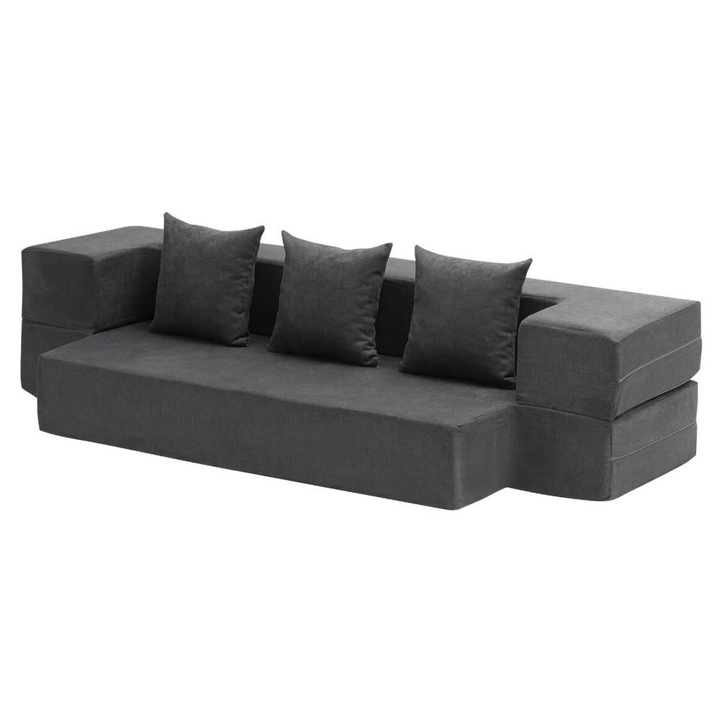 Folding Sofa Bed 3-in-1 Foldable Couch Bed with 3 Pillows Dark Grey Twin