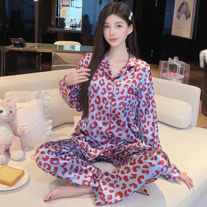 French Floral Ice Silk Long-Sleeve Ruffle Pajamas for Women - Spring & Autumn