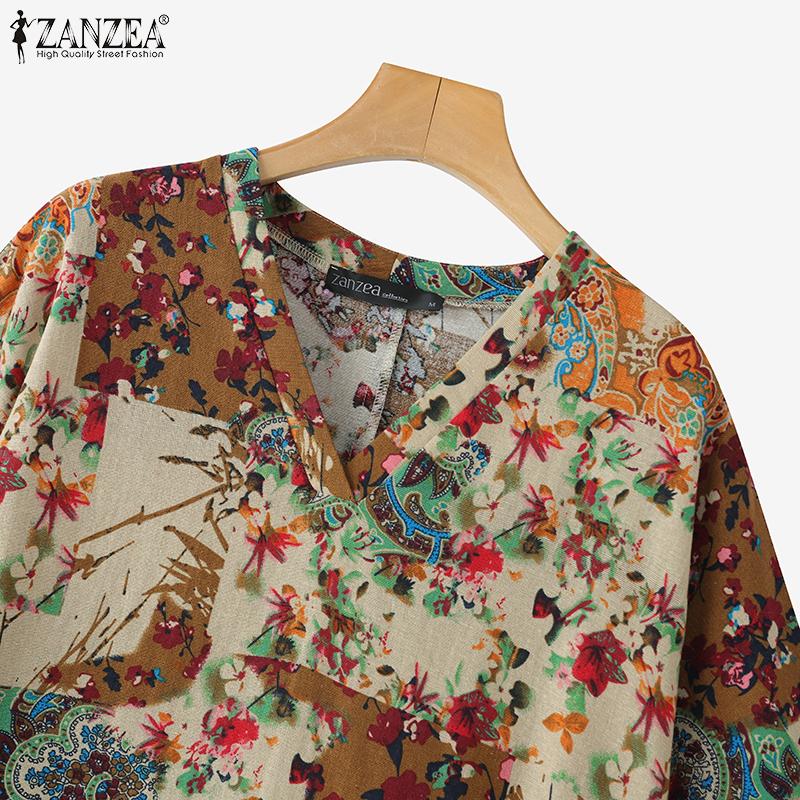 ZANZEA Womens Vintage Short Sleeve Floral Print Casual Long Dress