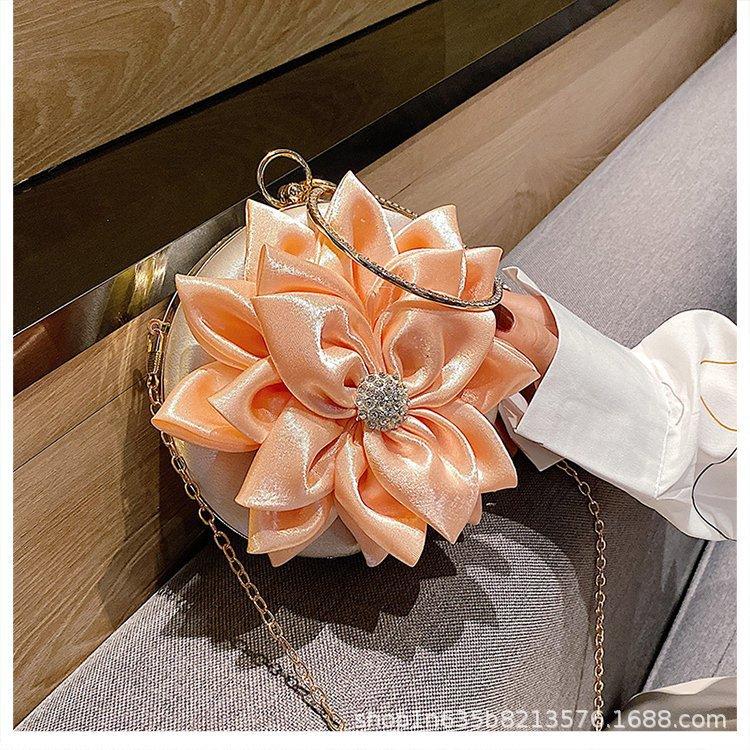 Red Flower Clutch Purse Women Round Evening Bag Crystal Diamond Wedding Silk Handbag Exquisite Chain Shoulder Bags