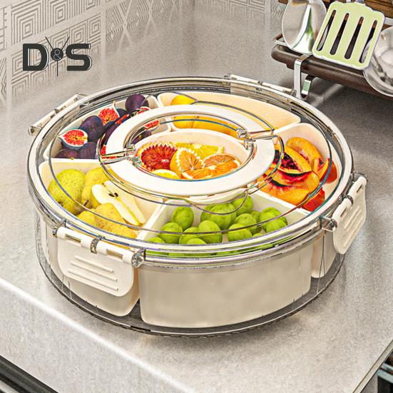 Fruit Plate Snack Spinner Divided Serving Tray with Lid Handle Food Platter for Charcuterie Veggie Travel Picnic Snack Organizer