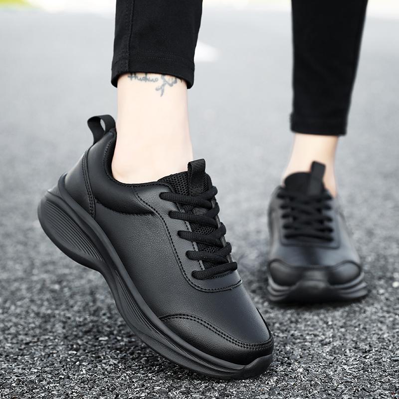 Women PU Leather Running Sneaker Lace-up Sport Light Comfortable Breathable Black Winter Walking Shoes Size 35-43