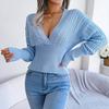 Women Autumn Winter High Waist Solid Color Pullover Sweater V Neck Hollow Bat Sleeve