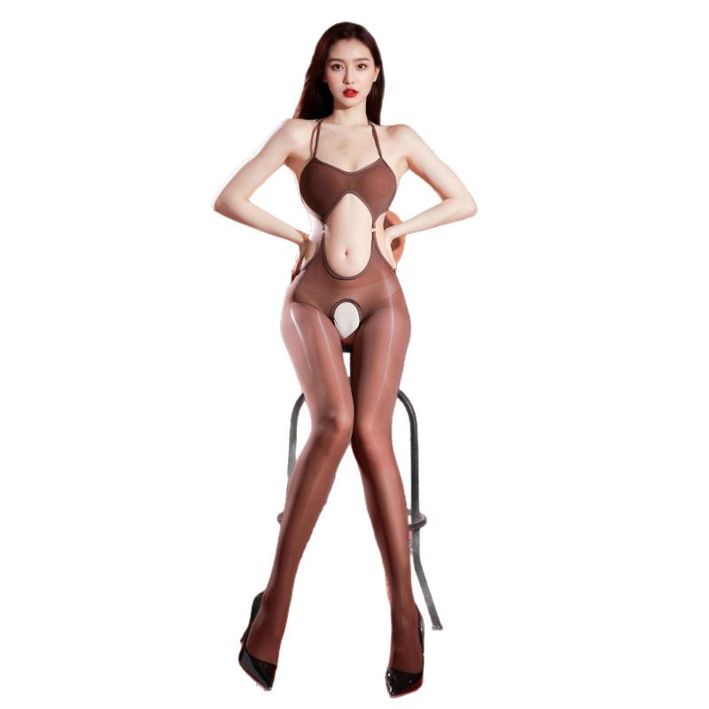 Sexy Backless Halter Neck Lingerie Set Ultra-Thin Glossy Smooth Hollow Crotchless Bodystocking for Women
