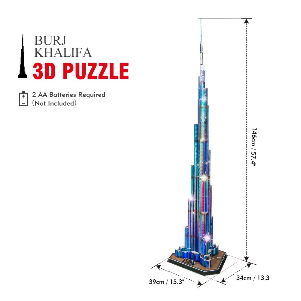 ASSYME Cubic Fan 3D Puzzle Craft Kit, Burj Khalifa (with LEDs), L133h, No Glue or Tools Required