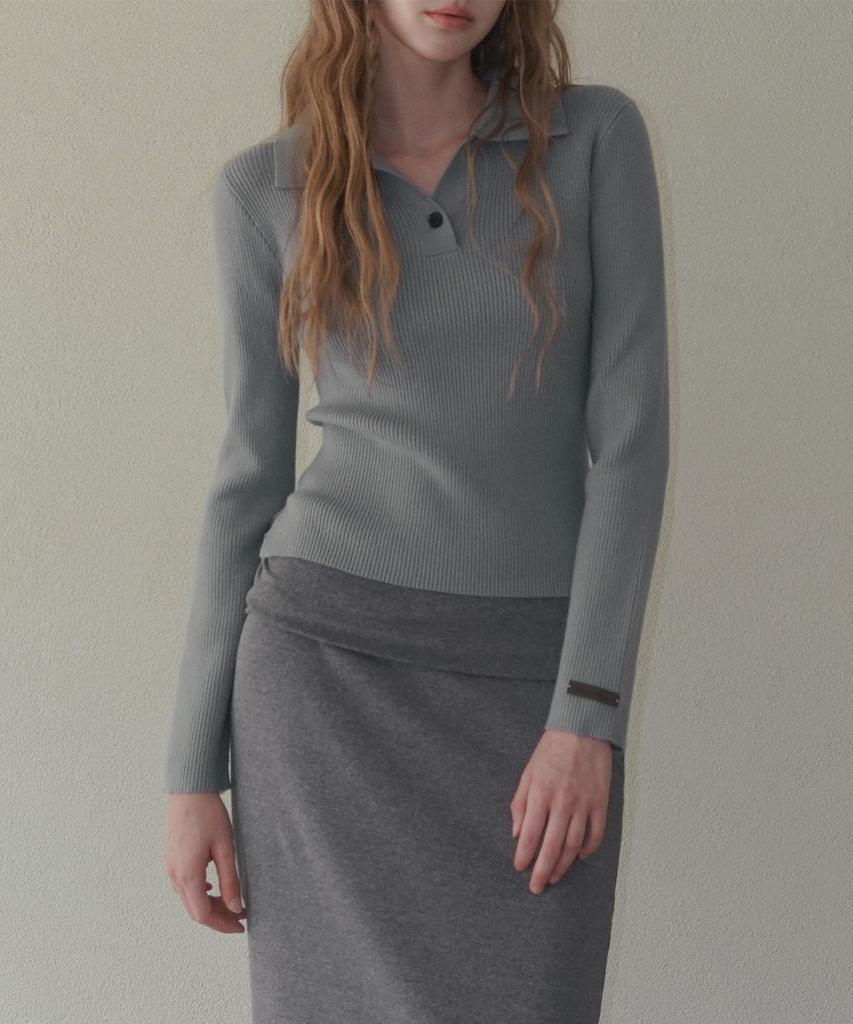 TWEE Sheeran One-Button Collar Ribbed Long Sleeve Knit