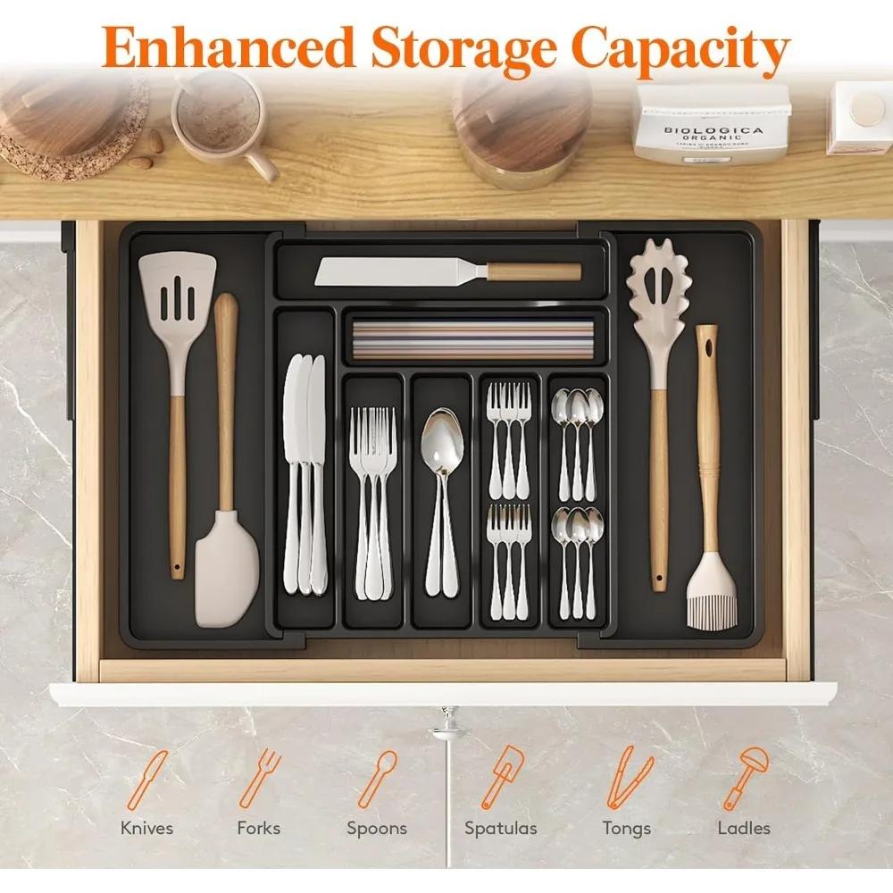 Silverware Drawer Organizer, Expandable Utensil Organizer for Kitchen Drawers, Adjustable Cutlery and Flatware Tray
