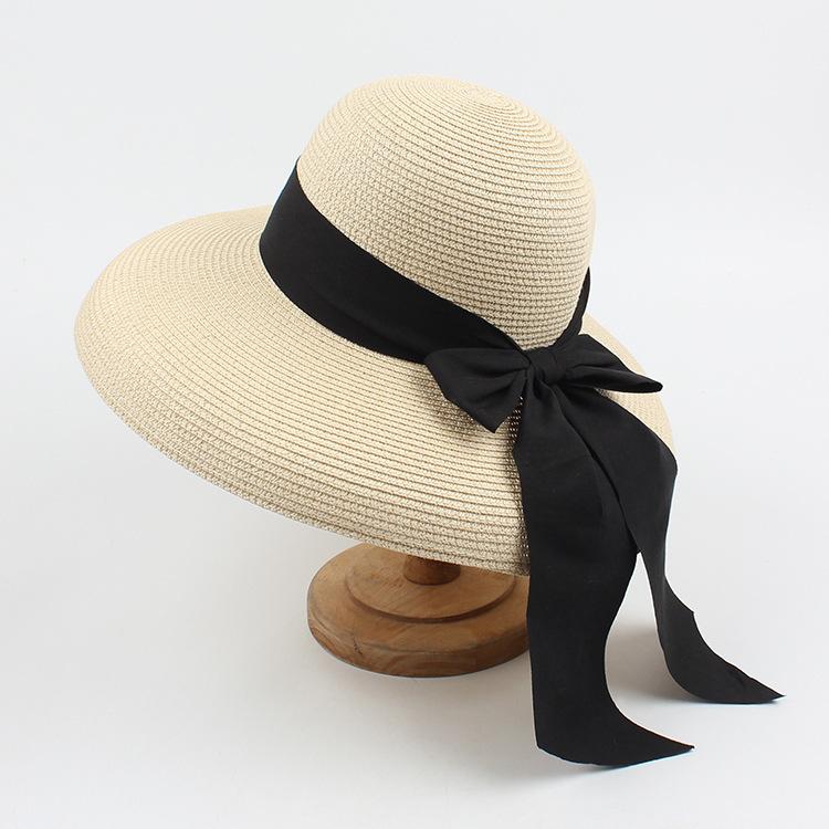 Summer Sun Hat Black Outing Fashion Beach Beach Big Brim Straw Hat Children Bow Tide
