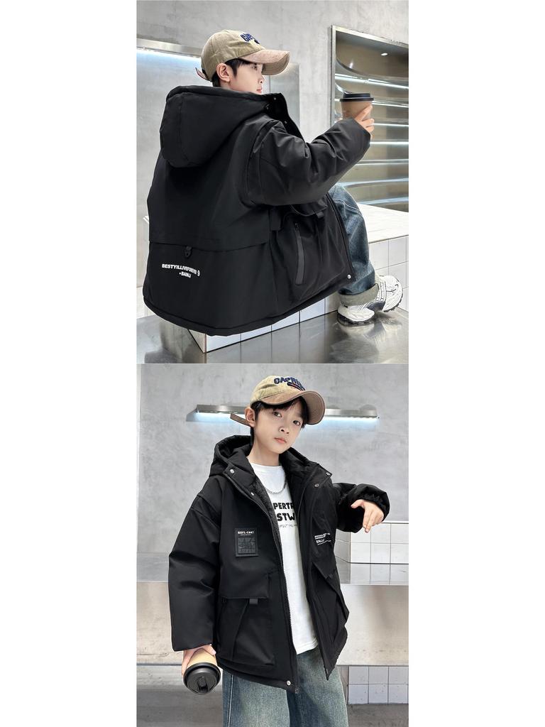 Boys' 2025 Quilted Hooded Windbreaker Jacket: Stylish Autumn/Winter Casual Top for Big Boys