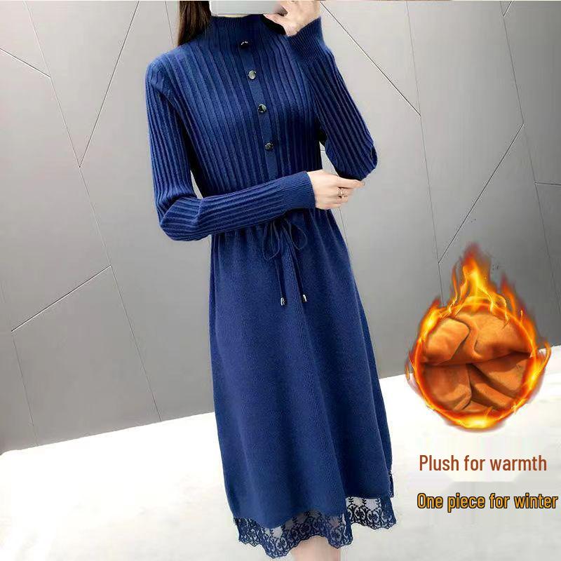 Women's Mid-Length Velvet Thick Knit Dress, Lace Loose Half-High Neck, Autumn/Winter 2025 Collection
