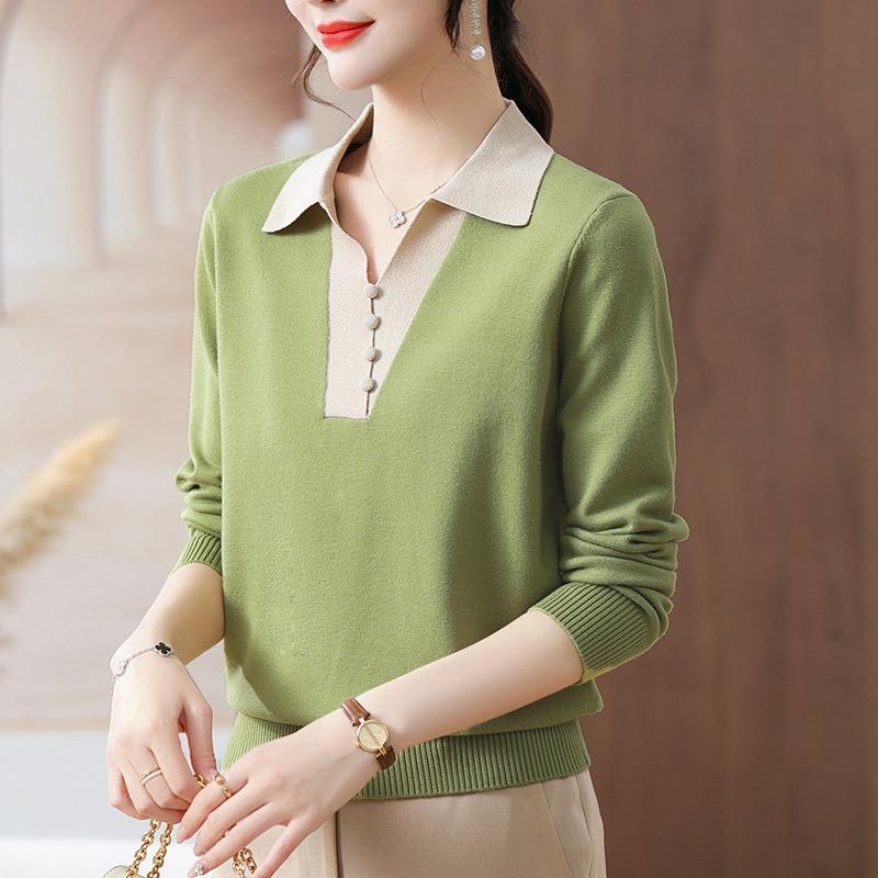 Mom spring lapel knitted sweater top new Chinese women's clothing spring and autumn bottoming sweater thin