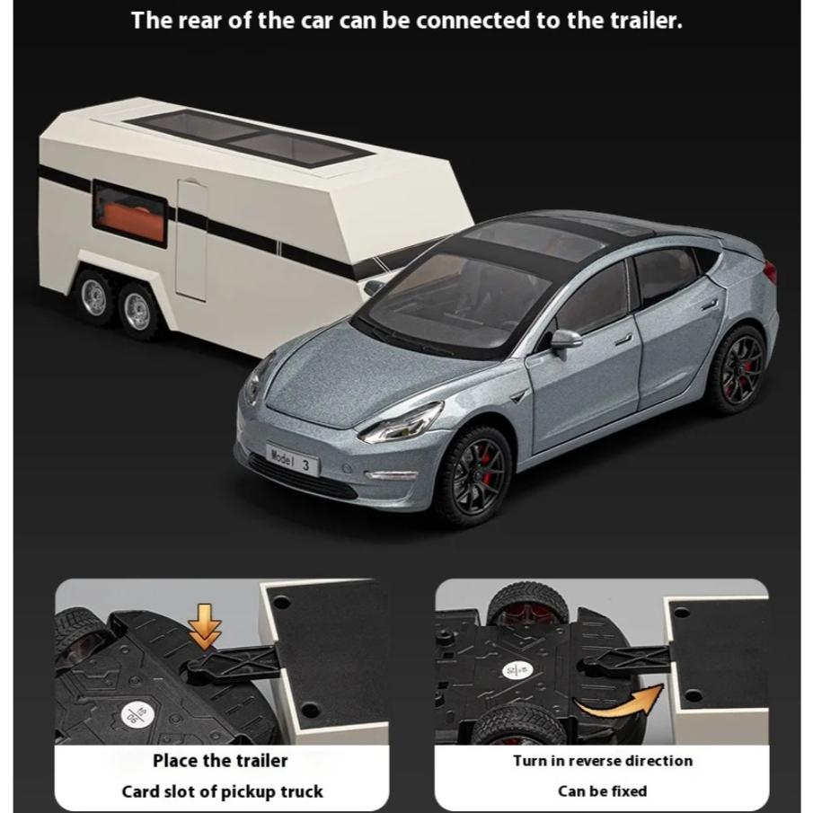 1/24 Scale Tesla Model3 Towing RV Alloy Model, Open Door Car Ornaments for Children's Sound and Light Toys To Give Gifts To Boys
