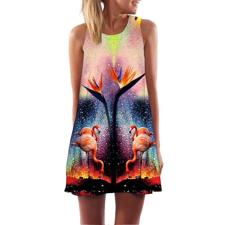 European and American New Digital Printing Round Neck Off-the-shoulder Sleeveless Vest Big Pendulum Loose Medium and Long Dress