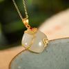 Original Ancient Gold Craft Inlaid Natural Hetian Jade Geometric Necklace Pendant Chinese Style Elegant Ladies  Jewelry