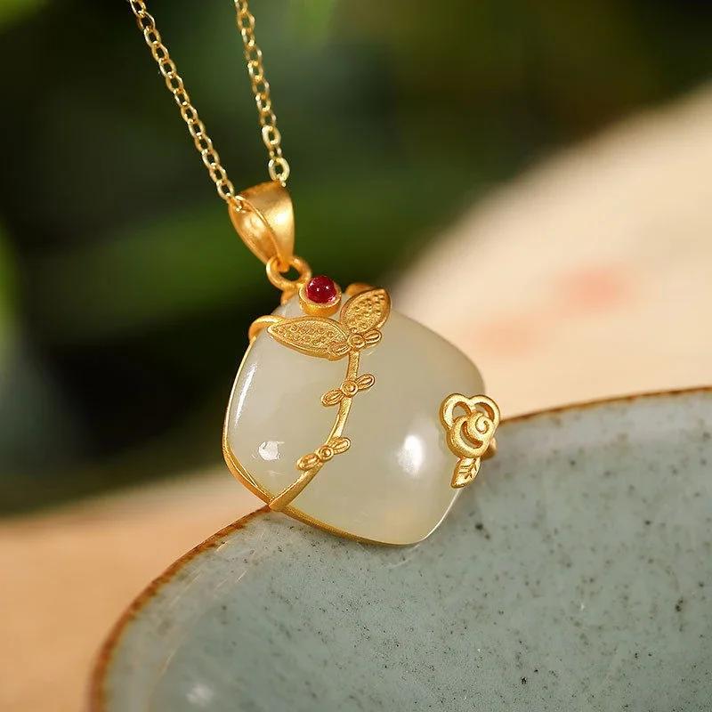 Original Ancient Gold Craft Inlaid Natural Hetian Jade Geometric Necklace Pendant Chinese Style Elegant Ladies  Jewelry