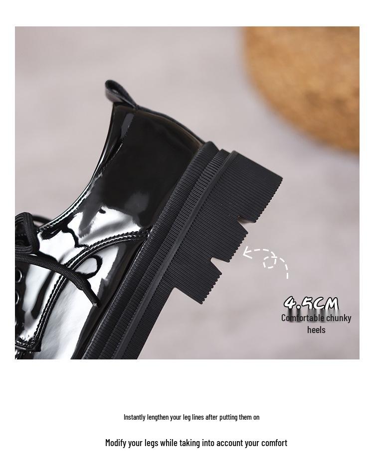 Women's Black Matte Lace-Up Shoes with Thick Soles, Height-Enhancing, British Style, New for Spring and Autumn 2024.