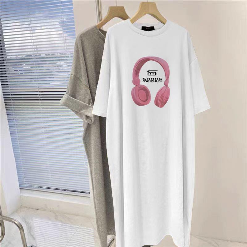Średnia i Długa Czarna Bawełniana Sukienka z Krótkim Rękawem do Kolan dla Kobiet Letnia Najnowszy Zagraniczny Styl Wygodny Krój Spódnica T-shirt z Rozcięciami