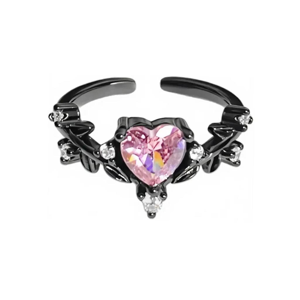 Dark Sweet Cool Pink Zircon Love Open Ring Punk Stacked Wear Personality Niche High Sense Girlfriend Ring Girl