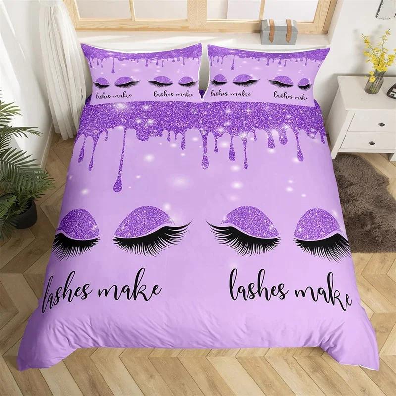 Smile Eyelash Duvet Cover Set Glitter Fragments Dreamy Twin Queen Bedding Set Microfiber Eyelashes Make Romantic Comforter Cover