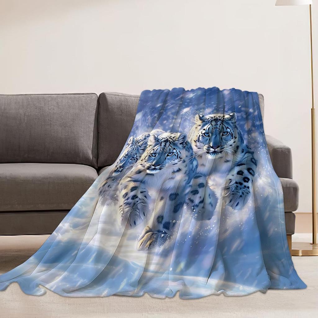 Snow Leopard Blanket with Three Wild Cats in Snowstorm Design for Cozy Living Room Decor AnimalPrintThrow Gift for Nature Lover