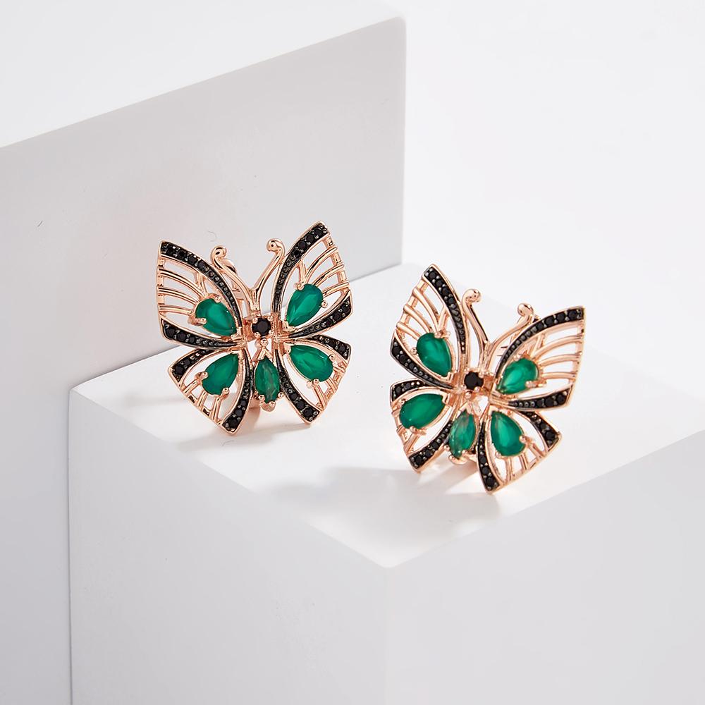 Awesome Butterfly Design Silver Clasp Earring & Ring Set Made Natural Green Agate Gems Luxury Jewelry for Women Anniversary Gift