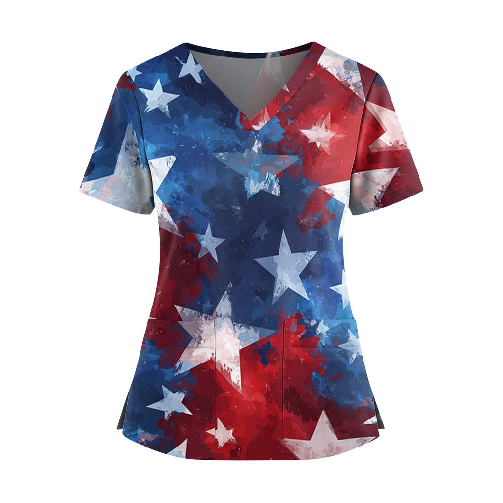 Women's Independence Day Print V-Neck Double Pocket Short Sleeve Uniform with Slit Hem - Caregiver Top