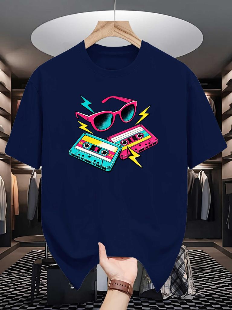 Unisex Cotton Tee Retro Cassette Sunglasses Graphic Print Loose Breathable Summer Crew Neck Casual Street T Shirt Unisex Daily Wear