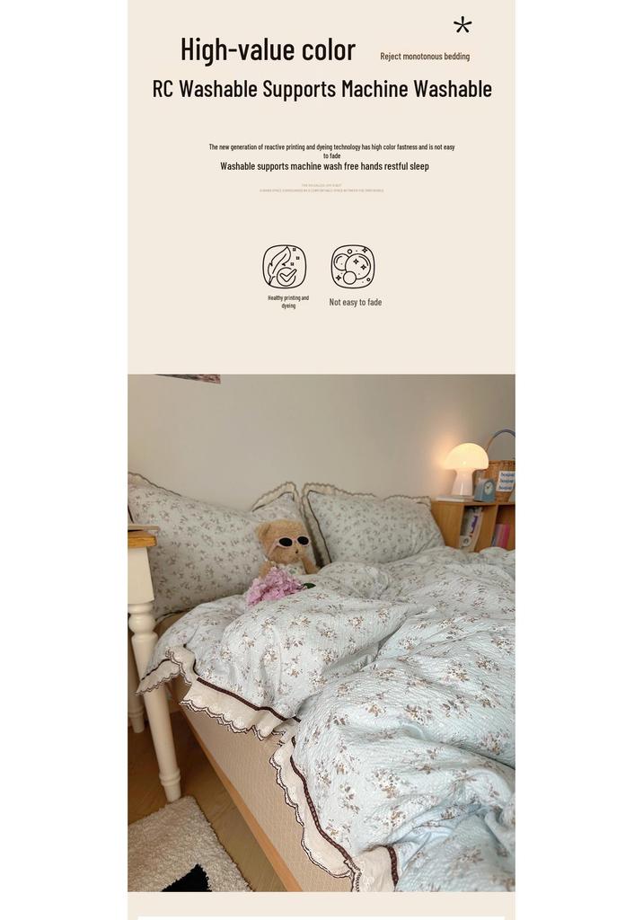 Korean French Style Hollow Lace Puff Cotton Bedding Set, Girly Duvet Cover - Available As 4-Piece or 3-Piece Set