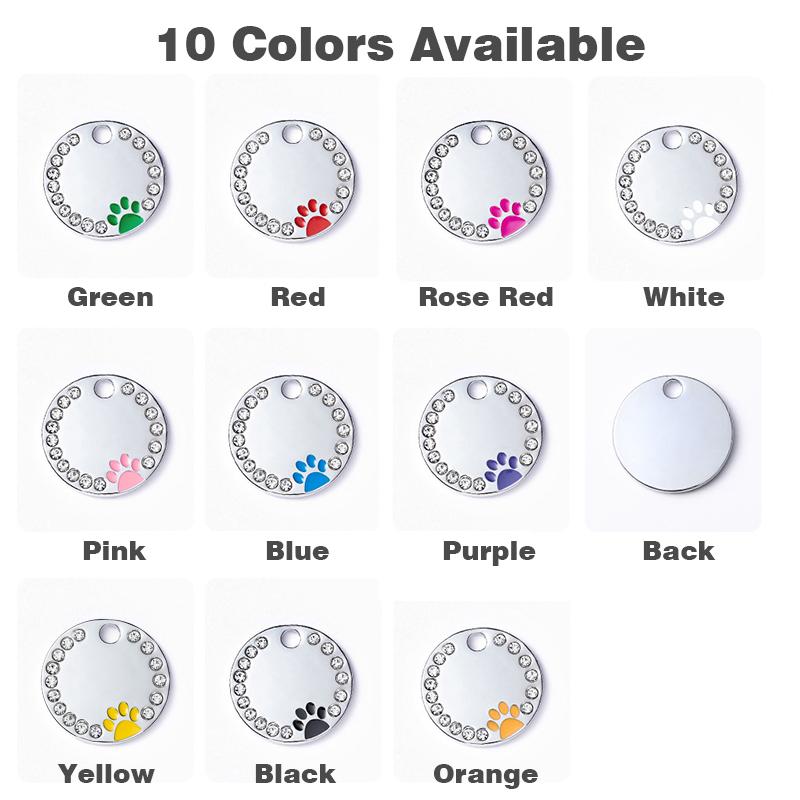 Rhinestone Solid Zinc Alloy Pet ID Tag Crystal Dog Collar Tag Colorful Paw Print Laser Engraved Pet Name Plate for Cats/Dogs