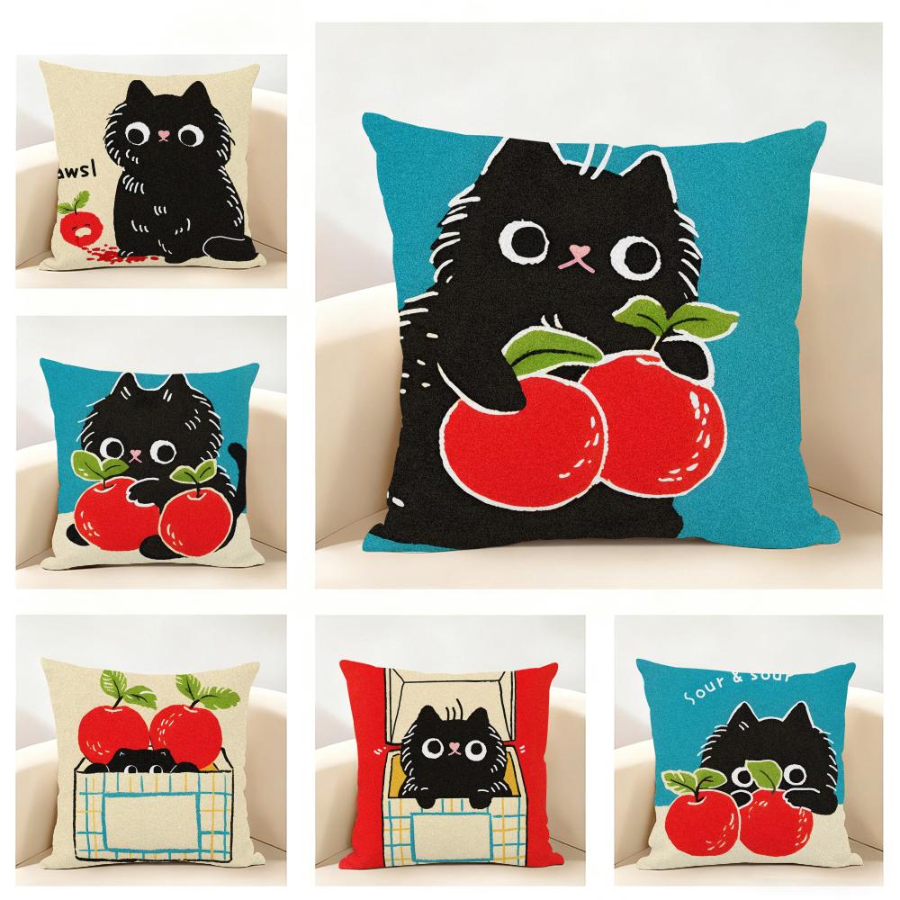 Hand Drawn Cartoon Happy Cat Cushion Cover Linen Pillowcase Soft For Sofa Bed Home Room Decor