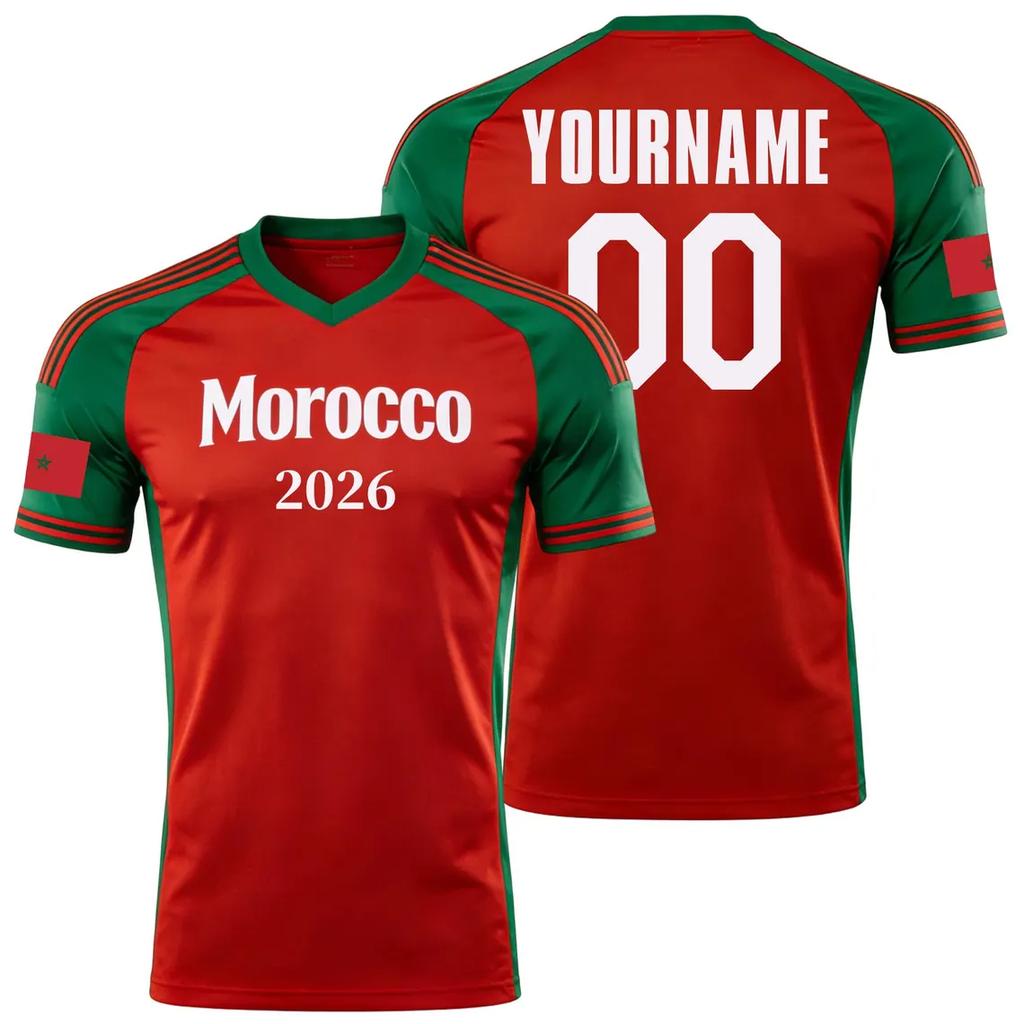 New Red Green Gradient Morocco 2026 Soccer Jersey Custom Your Name Number V Neck Short Sleeve T Shirt Training Daily Sports Tees