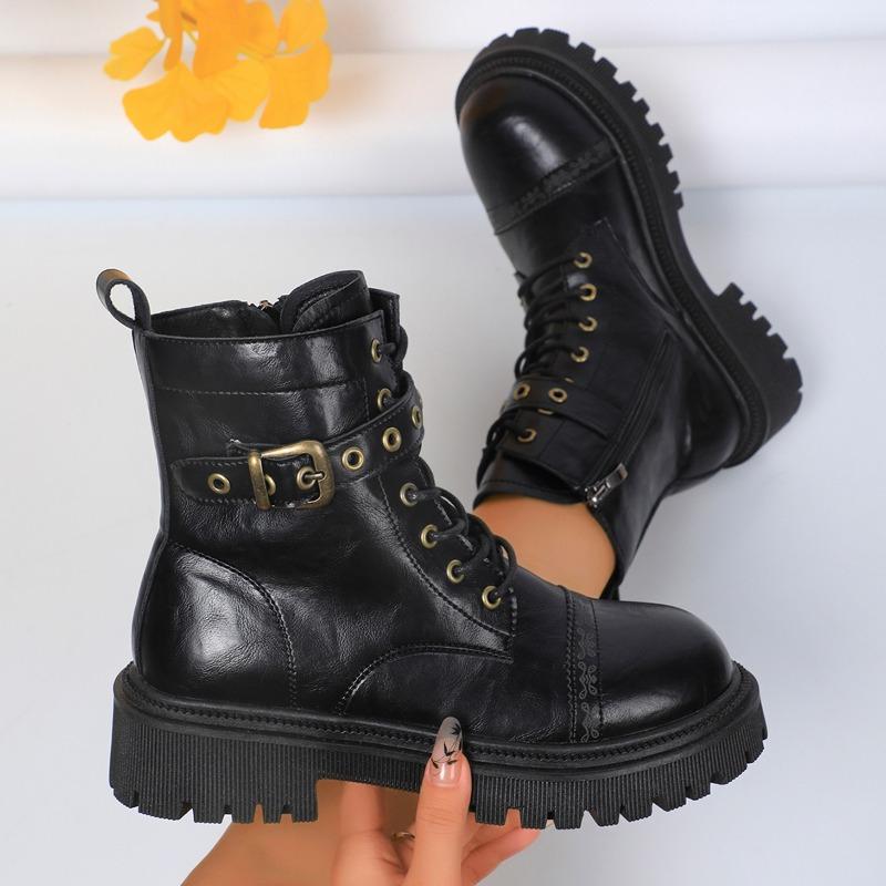 2024 Het Rea Damer Skor Snörning fram Damstövlar Mode Dragkedja i sidan Moderna Stövlar Damer Nya Skor med Bältesspänne för Kvinnor