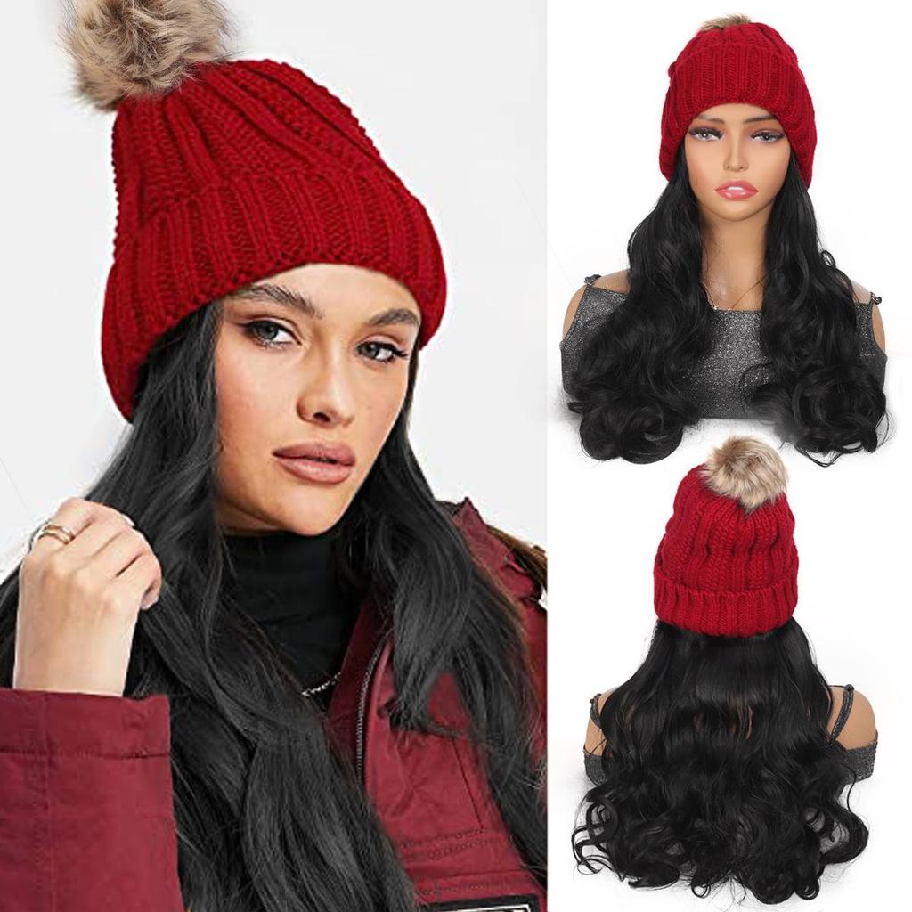 Red Hat Wig for Women Knitted Warm Wavy Curly Long Hat Wig Synthetic Natural Fake Hair