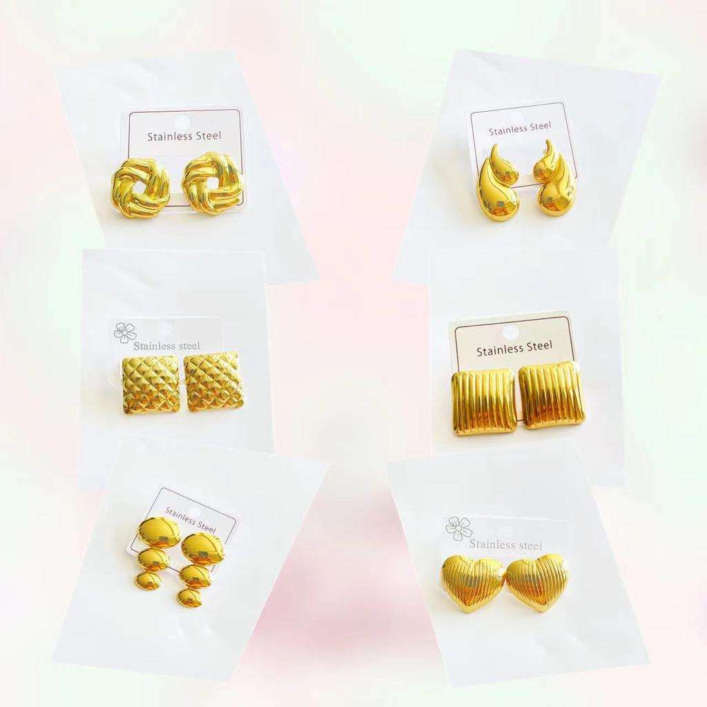 2-8 Pairs Earrings Stud Geometric Square Stripe Round Textured Heart Rose Star Bow Double Water Drop Design Jewelry for Women