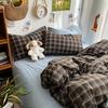 Bedding Set Ins Ambiance Blue Coffee Grid Mixed With Washed Cotton Minimalist Four Piece Set Fitted Sheets Duvet Cover
