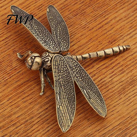 Collectible Brass Insect Ornament Dragonfly Delicate Modelling Sculpture Vintage Copper Rustic Animal Style for Home Decor Art