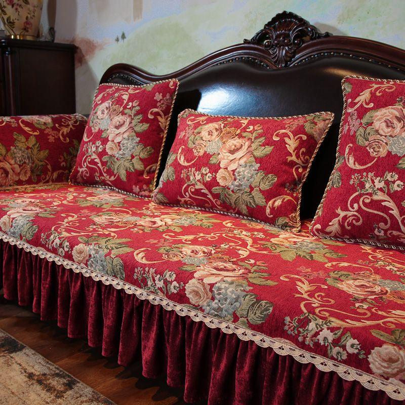 Bestickter Sofaüberwurf mit unregelmäßigem Rand Chenille Rutschfest Sofahandtuch Kissenbezug Europäischer Stil Rot Grün Sofakissen mit Saum