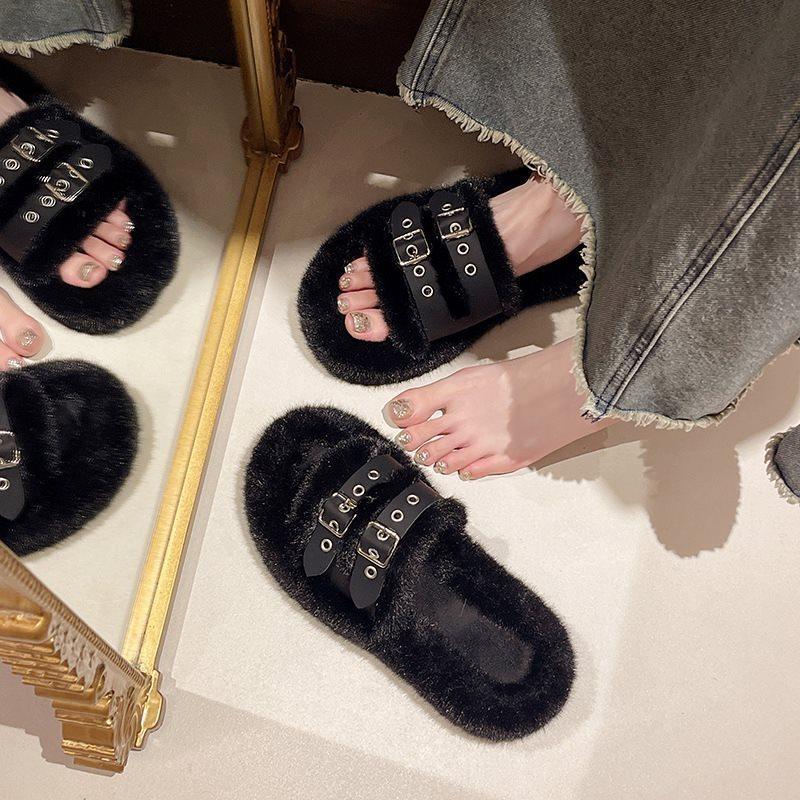 Mao Mao Soft-soled Slippers Wear Women's New Stepping Feeling Versatile Shit Light Luxury Autumn and Winter Fashion Black Thick Bottom Lightweight 202