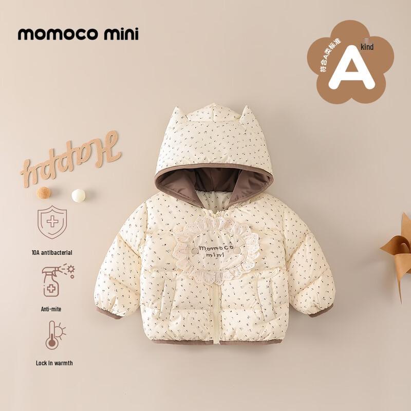 Детская пуховая куртка с капюшоном и ушками кошки с цветочным принтом MOMOCO 80