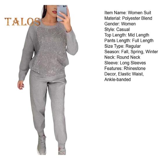 2 Teile/satz Frauen Top Hosen Anzug Strass Dekor O Hals Langen Ärmeln Patchwork Sport Sweatshirt Elastische Taille Hose Fitness Outfit Herbst frühling