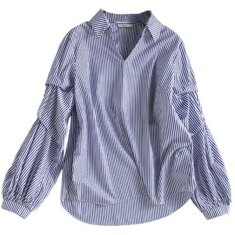 

Рубашка с рукавами-фонариками в синей полоске для женщин, дизайн Sense Niche, французский хлопок, V-образный вырез, вертикальные полосы, рукава-пузыри, удобная весенняя одежда 3XL