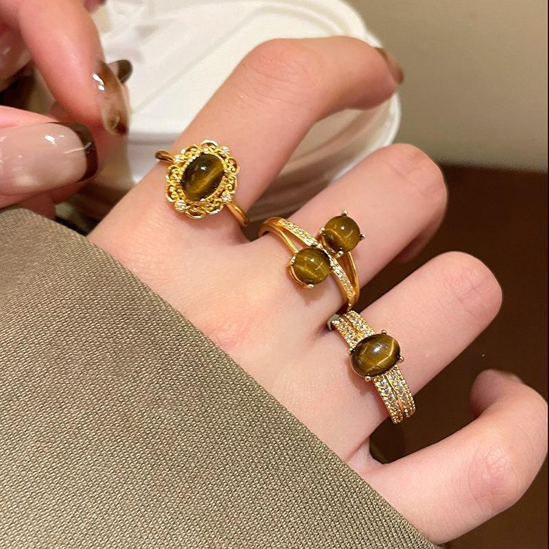 Real gold electroplated zircon tiger's eye stone oval open ring niche high-end index finger ring retro versatile jewelry