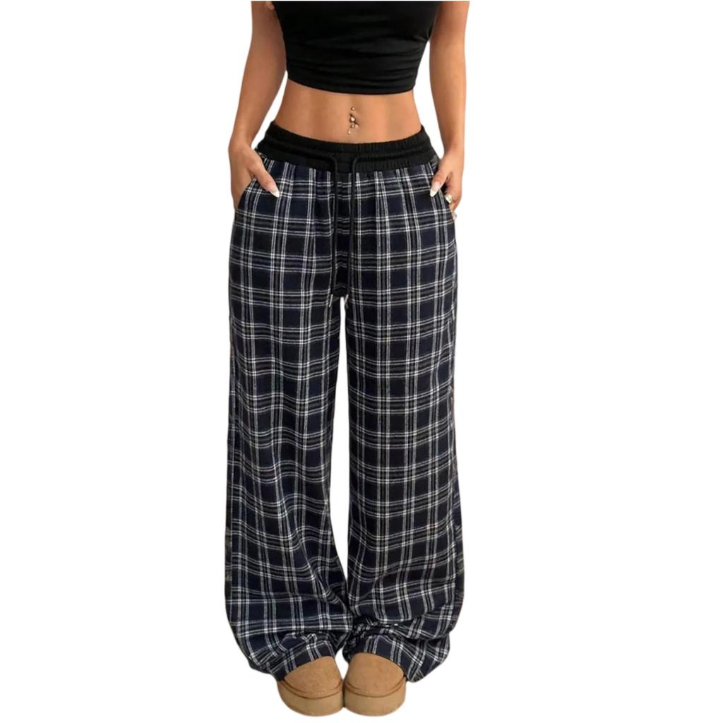 Women's Casual Plaid Wide Leg Lounge Pants with Elastic Drawstring Waist, Comfortable Loose Fit Trousers for Daily Wear