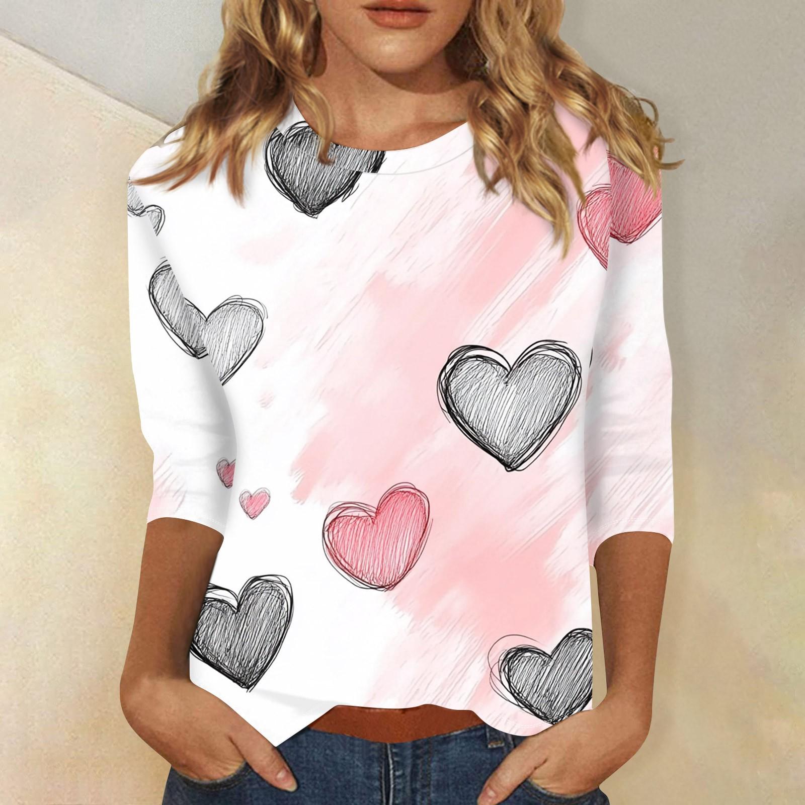 

Женская модная повседневная футболка с круглым вырезом и принтом в виде сердца ко Дню святого Валентина, рукав три четверти XL белый