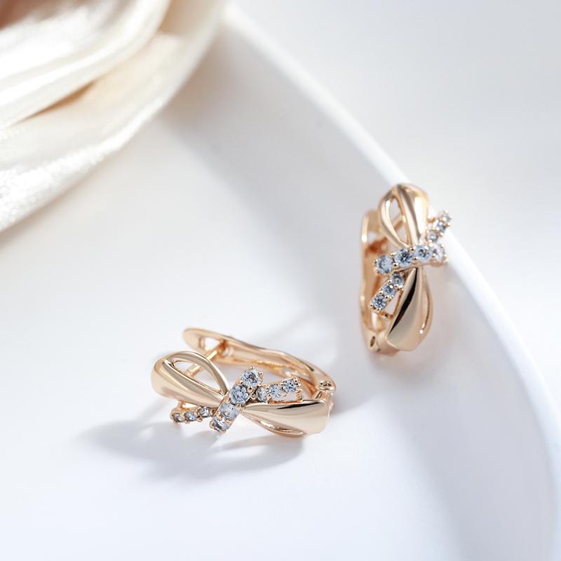 Rose Gold Color Earrings For Women Girl Fashion Bowknot Natural Zircon Drop Earring High Quality Daily Jewelry