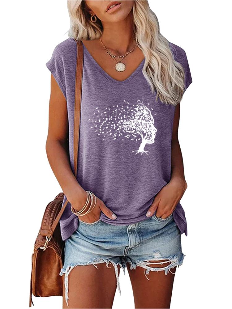 Women Fashion T-shirt Summer V Collar Print Short Sleeve Top Ladies Casual Tee Shirt
