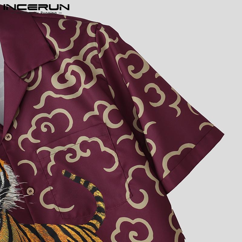 INCERUN Summer Men Lapel Neck Short Sleeve Print Buttons Casual Shirts