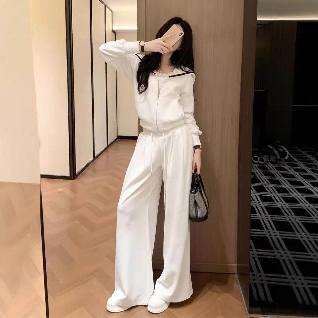 Korean Style Spring 2026 Women's White Hoodie & Wide-Leg Pants Casual Set
